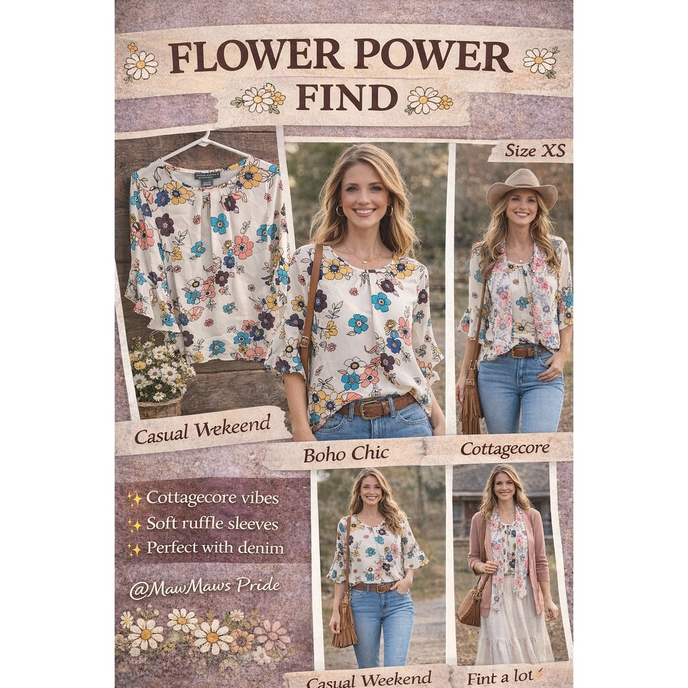 RETRO Floral Boho Blouse XS Cream Retro Flower Print Ruffle Sleeve Cottagecore‎
